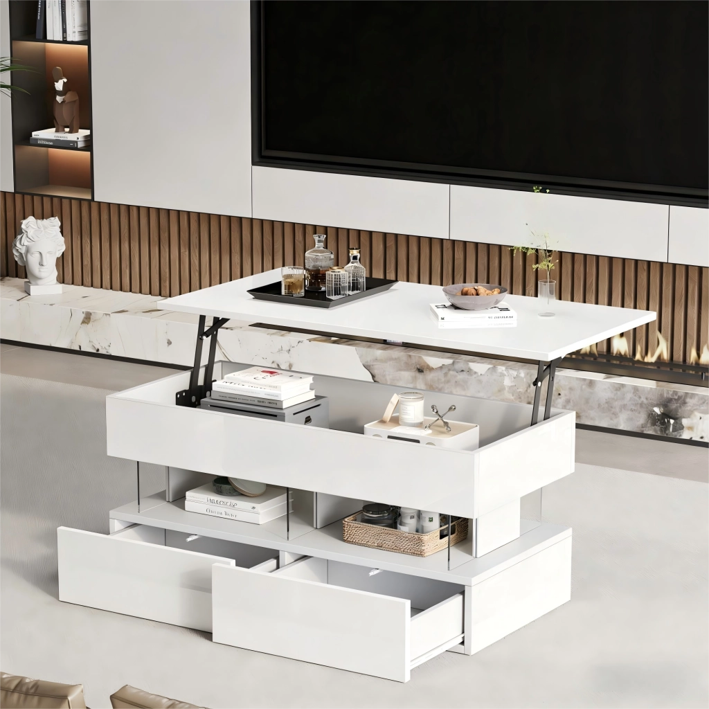 TAVOLINO 100 x 50 x 46 cm bianco in MDF con piano sollevabile, 2 cassetti e LED