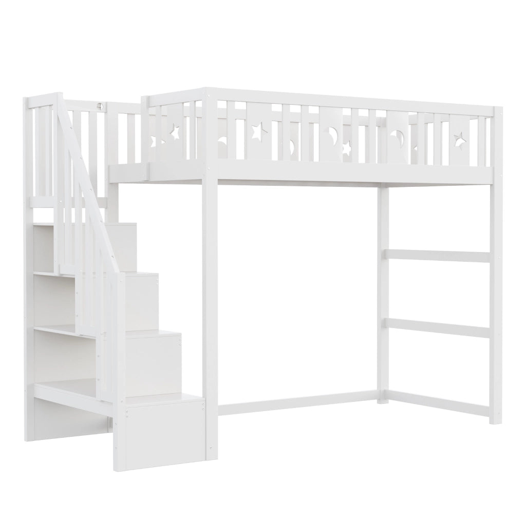 Letto a soppalco 90x200 cm bianco in legno con scala e ripiani