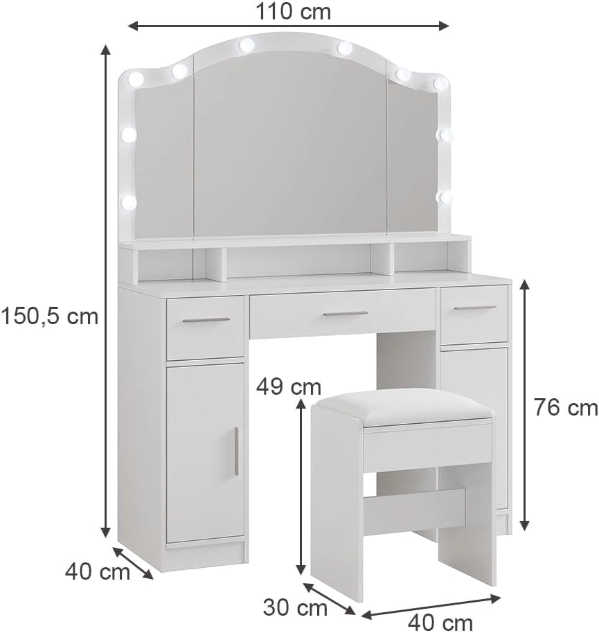 Tavolo da toilette Lumira, Bianco, 110 cm con specchio LED e sgabello, con controllo touch e seduta regolabile in altezza