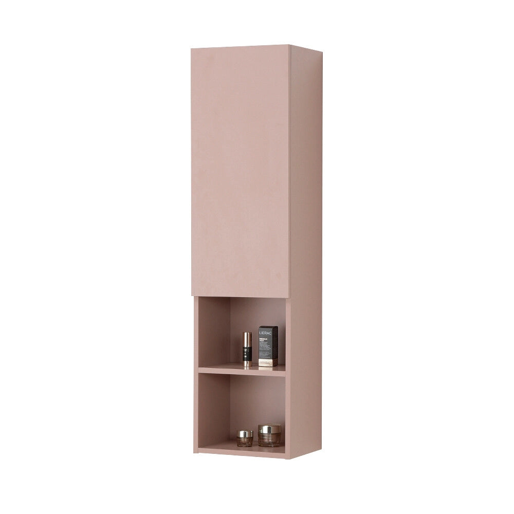 Colonna bagno sospesa rosa 30x115 cm con quattro mensole e anta soft-close Nuvola