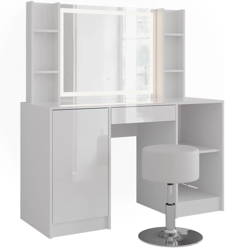 Tavolo da toeletta Sherry, Bianco/bianco lucido, 128.2 cm con specchio LED e sgabello, con piano d'appoggio laterale e presa elettrica integrata