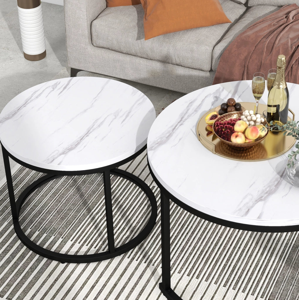 Set di 2 tavolini da caffè rotondi impilabili; effetto marmo bianco; piano in MDF