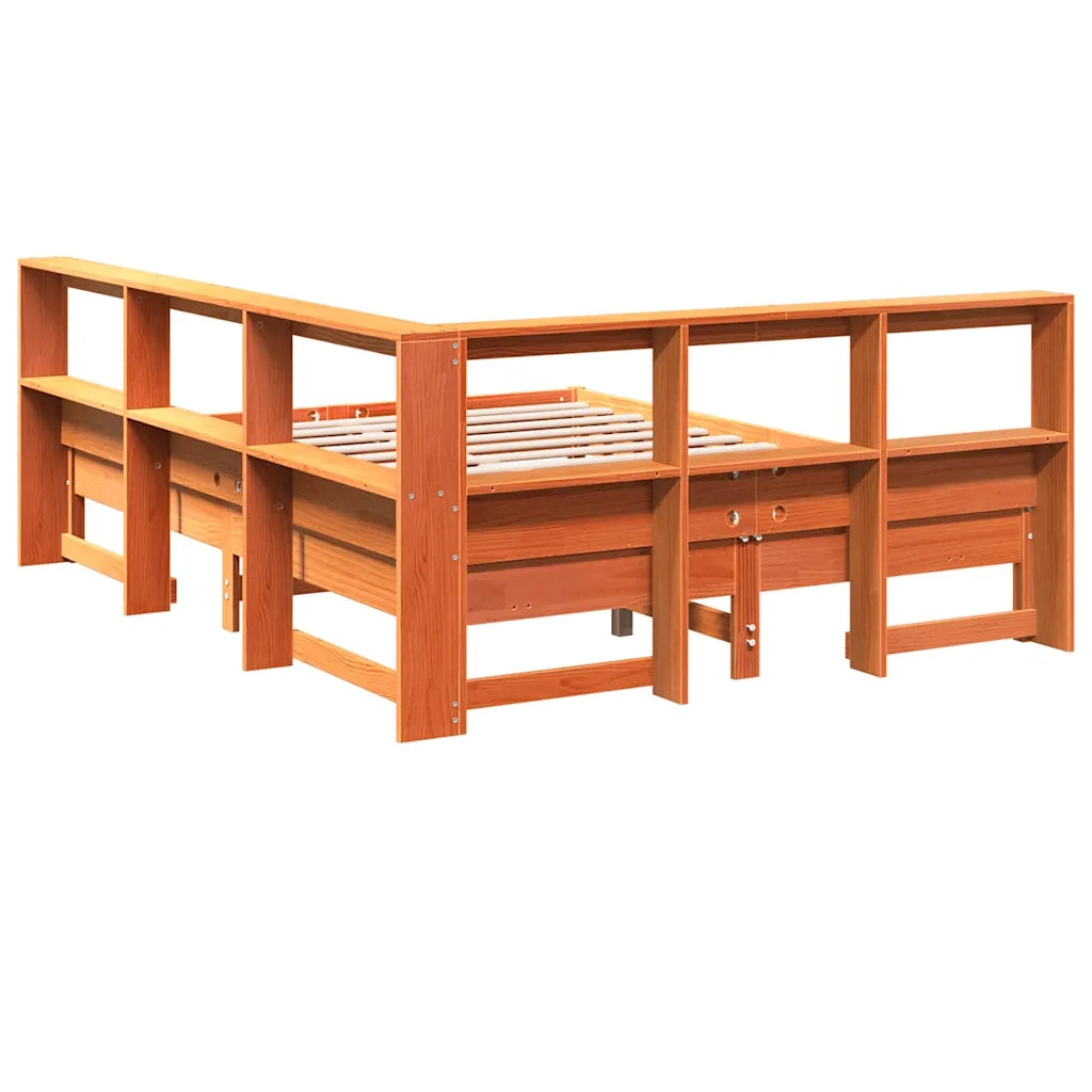 Letto Libreria senza Materasso-Struttura Letto con contenitore Marrone Cera 140x200 cm in Pino 619907