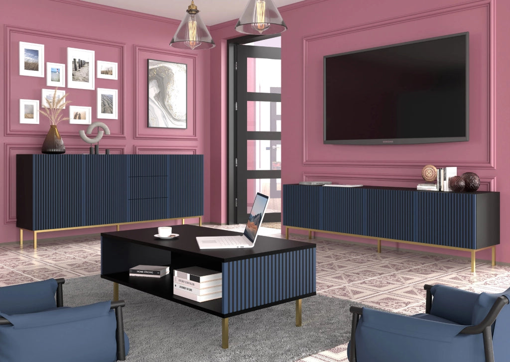 TAVOLINO DA CAFFÈ RAVENNA F IN MDF VERNICIATO 90x60x45 NERO OPACO BLU NAVY STRUTTURA ORO