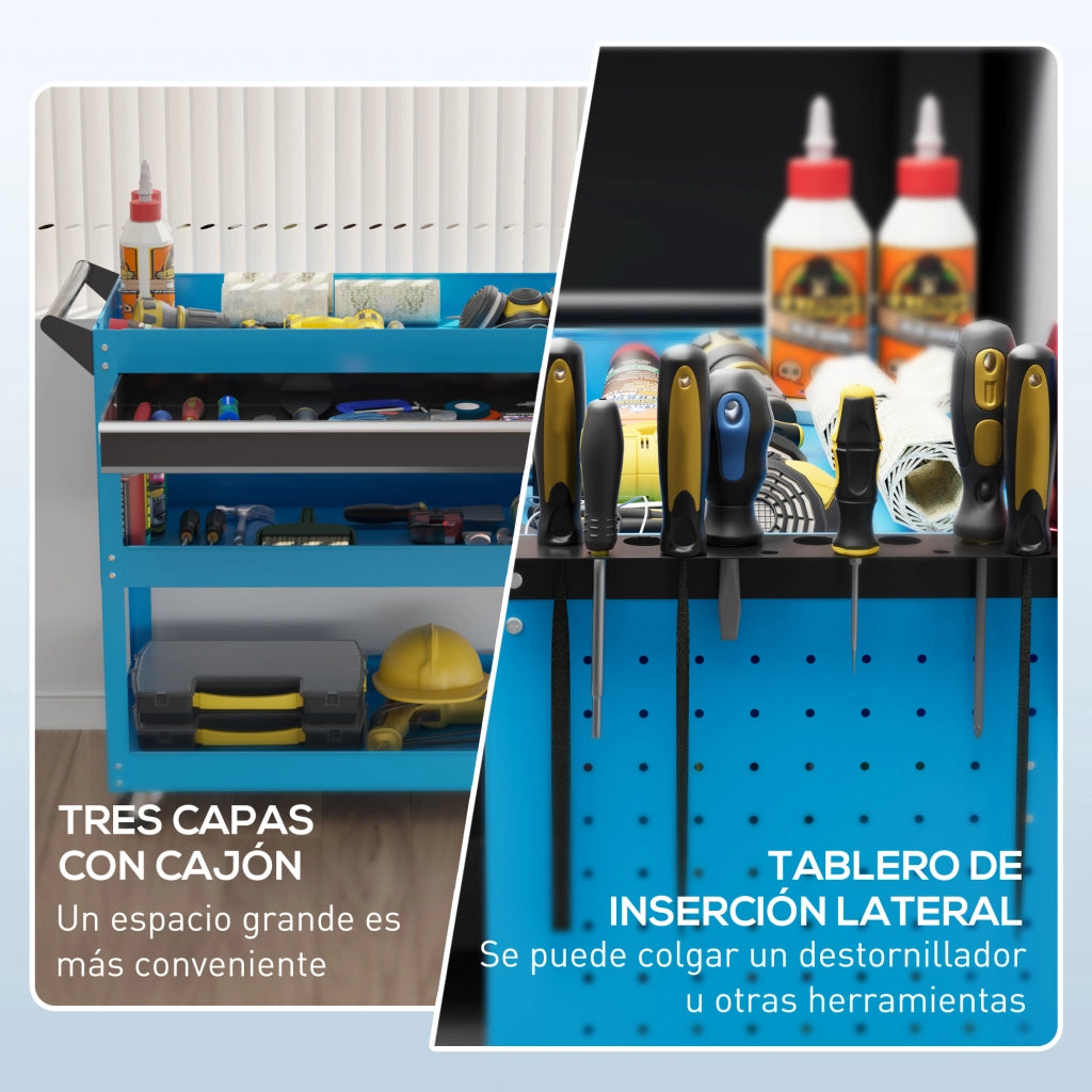 Carrello Portautensili ¨C zephmum ¨C 3 Bandeje e Cassetto Ruote con Freno Azzurro