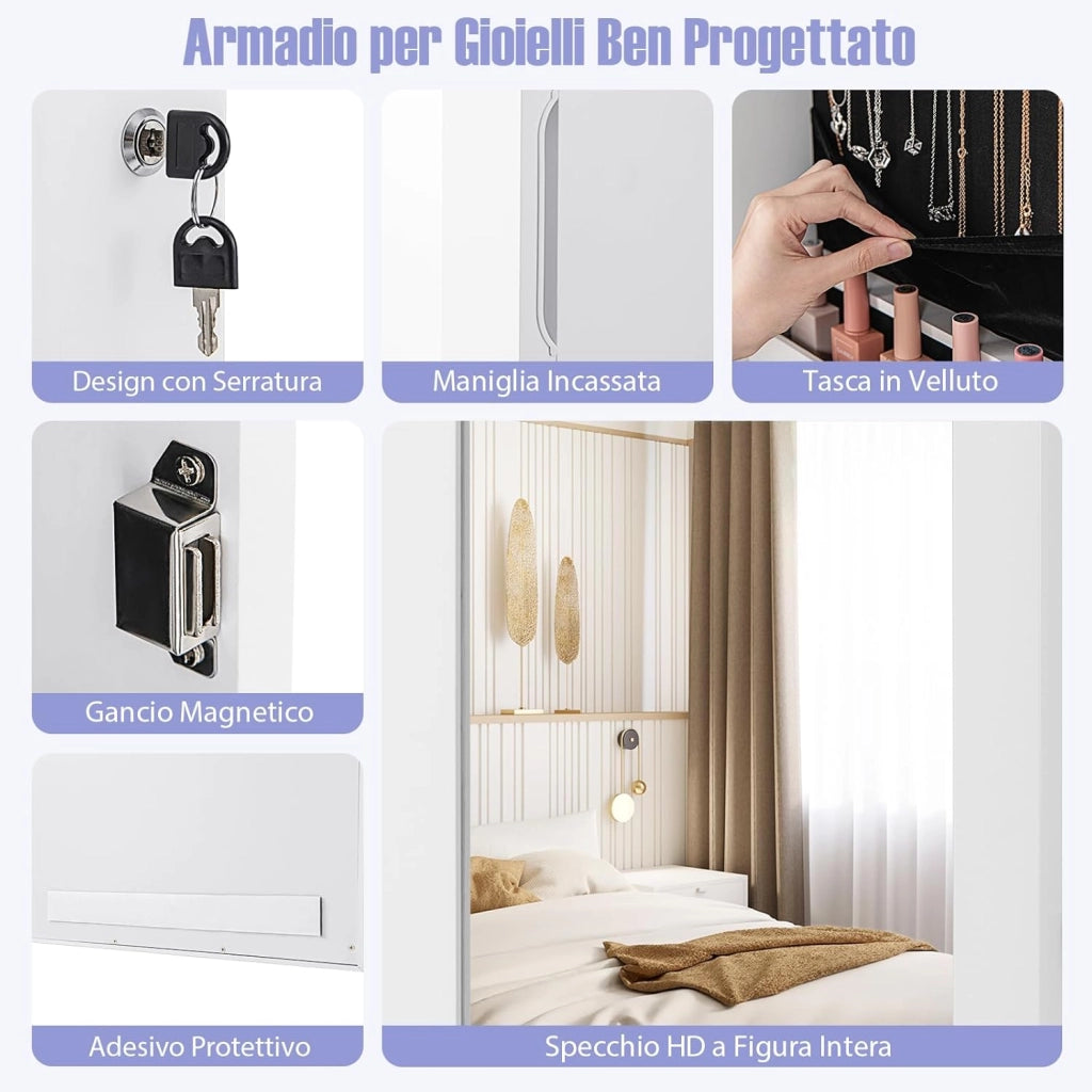 Armadio per Gioielli con 2 luci LED, con Specchio a Figura, Organizer Montato al Muro con Ganci Regolabili per Appendere, Armadio Portagioie per Truccarsi (Bianco)