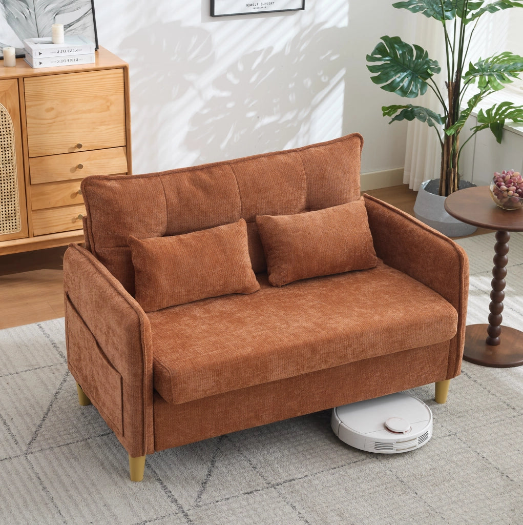 Divano 2 posti 127 cm in ciniglia marrone con tasche laterali HOMVRA