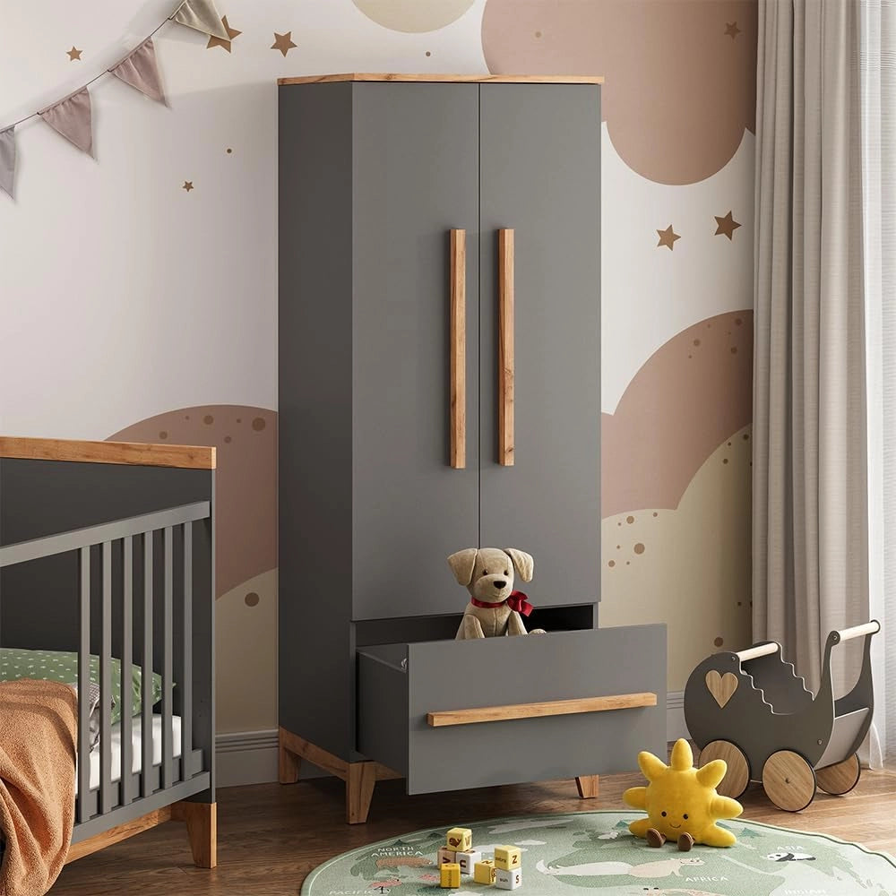 Armadio per bambini Malia, Grigio/Artisan, 70 x 186.8 cm, combinabile con altri mobili della serie Malia