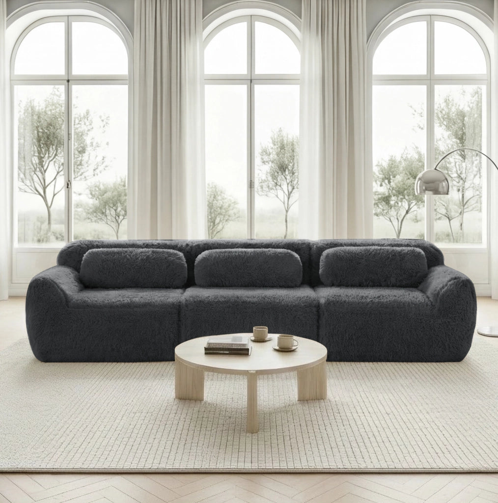 Divano modulare 3 posti in tessuto plush premium grigio con supporto ergonomico e base antiscivolo, senza montaggio, con cuscini