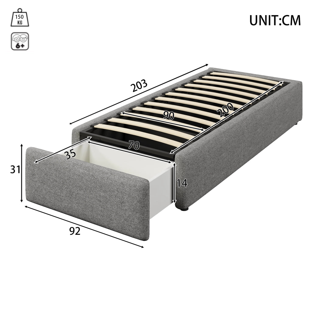 Letto imbottito singolo 90 × 200 cm con contenitore idraulico e cassetto, senza materasso, grigio