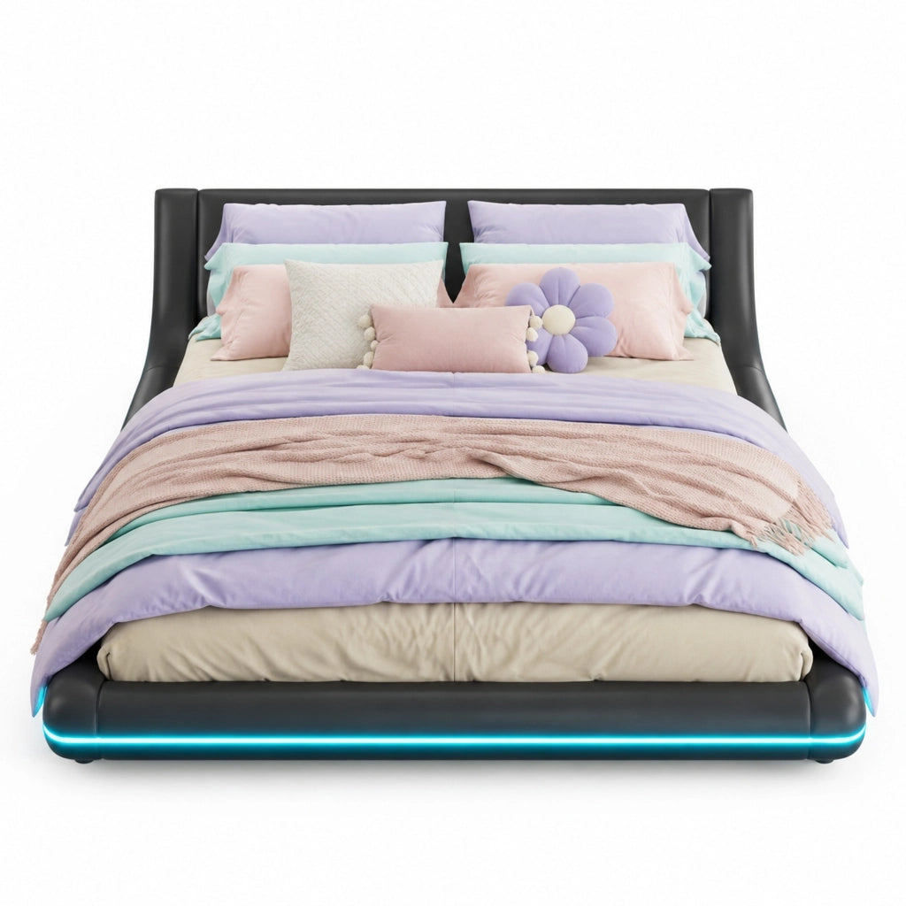 Letto a pavimento 160x200 cm in PU nero con LED RGB