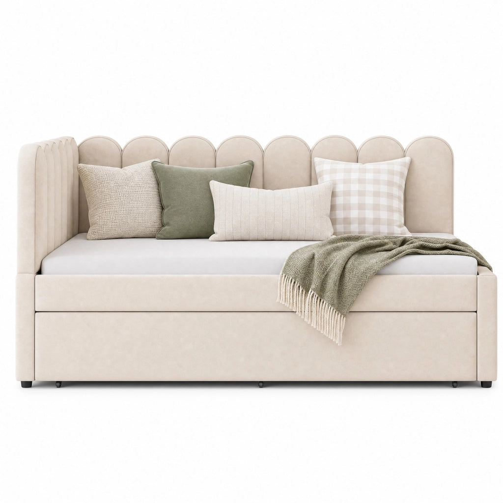 Letto imbottito a L con letto estraibile 140x200 cm in tessuto beige; 205x148x90 cm