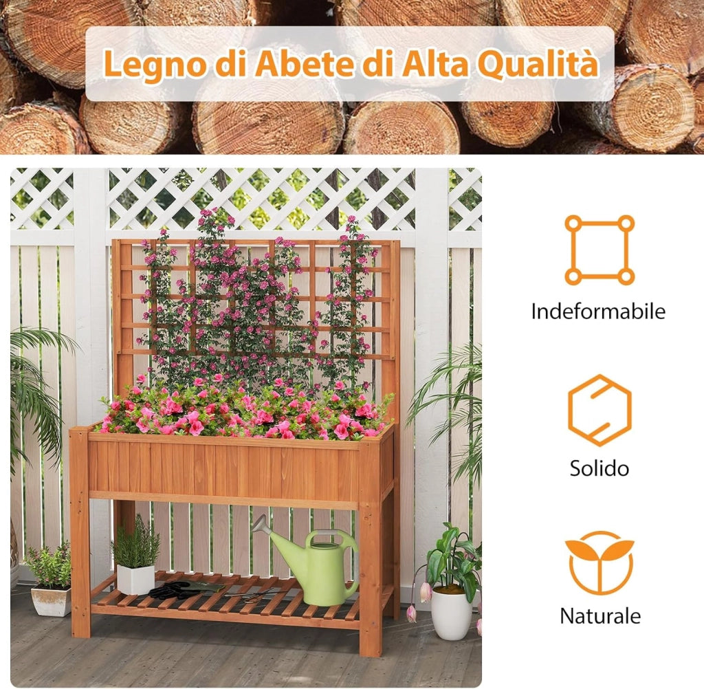 Letto da Giardino Rialzato, Fioriera Elevata con Traliccio, Mensola di Stoccaggio e Fori di Drenaggio, Orto Rialzato per Cortile, Giardino e Patio, 116 x 59 x 150 cm (Marrone)