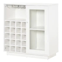 Mobiletto Portabottiglie Vini con Porta Calici e Armadietto, Capacità 20 Bottiglie, 80x36x85 cm, Bianco