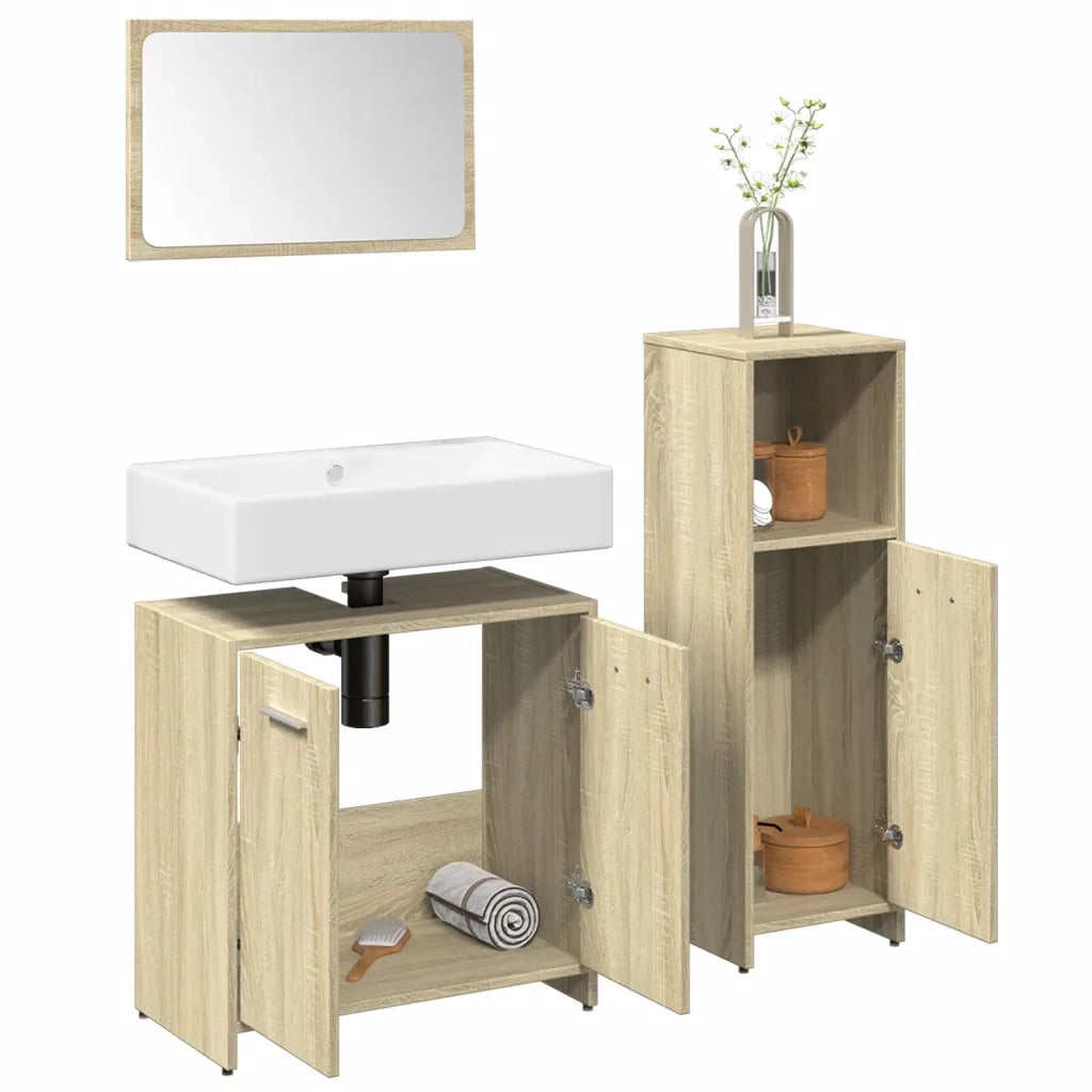 Set Mobili da Bagno | Armadio da bagno 3 pz Rovere Sonoma in Legno Multistrato