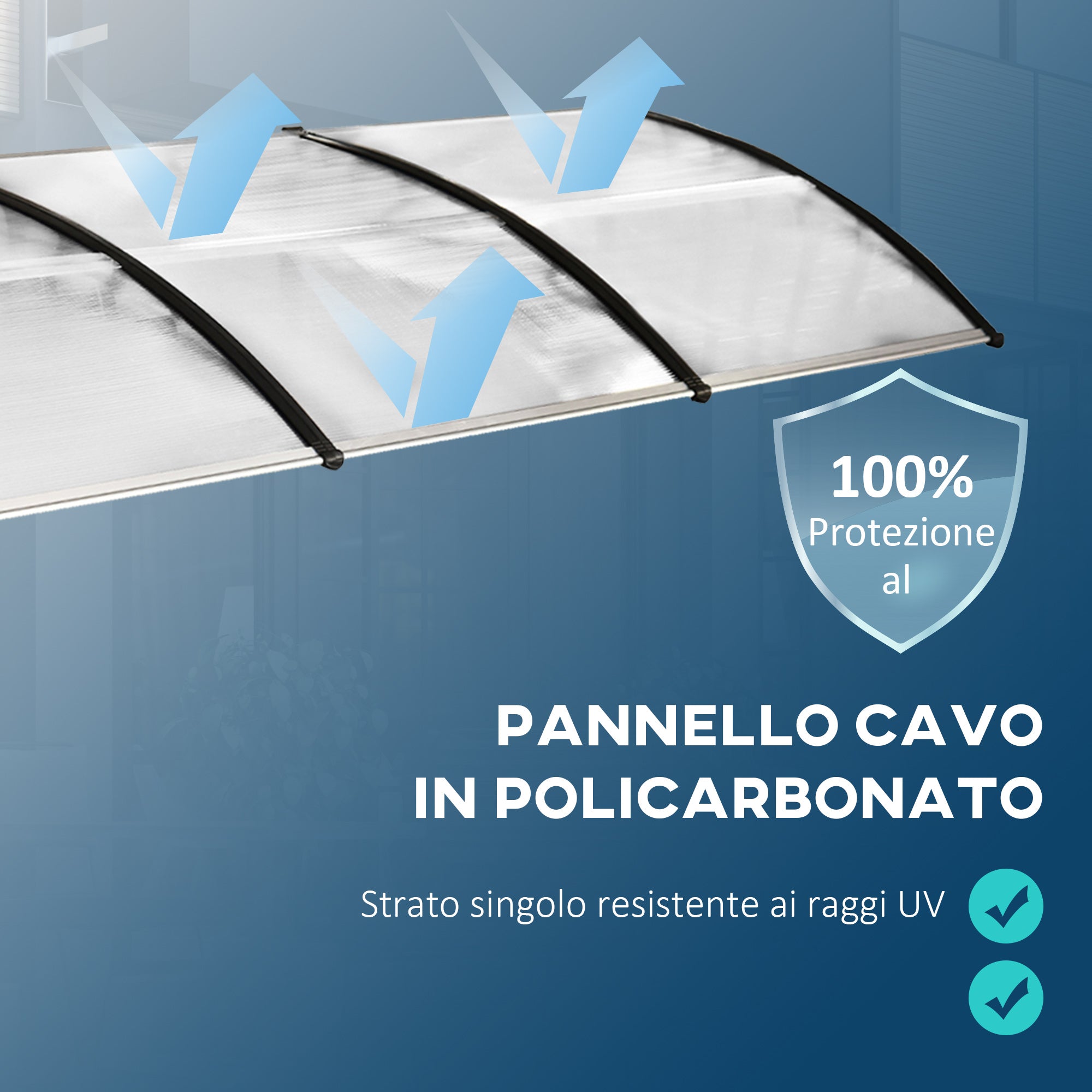 Pensilina Tettoia 122x89x24 cm in Policarbonato PP e Alluminio Nera e Trasparente