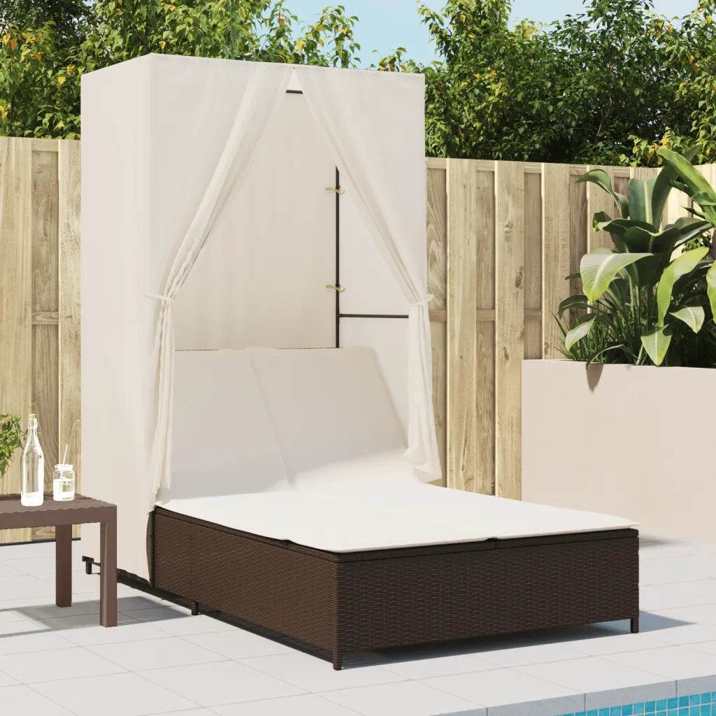 Lettino Prendisole | Sdraio da giardino | Lettino da sole con Tetto e Tende Marrone in Polyrattan