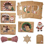Cadeaudozen con tema di Natale - 12 set - Scatola di cartone rettangolare - Finestra - Corda in juta - Ideale per regali - 20,5 x 6 x 14 cm