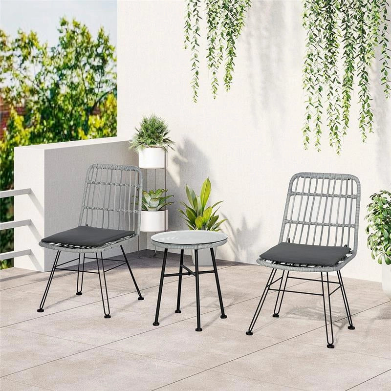SET MOBILI DA GIARDINO CON TAVOLINO E SEDIE IN RATTAN POILESTERE E ACCIAIO PER ESTERNI GRIGIO