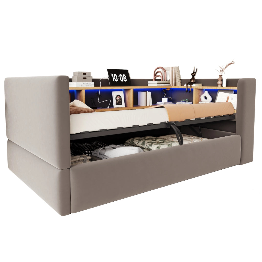 Divano letto imbottito 90x190 cm con vano contenitore idraulico, LED e prese, grigio scuro