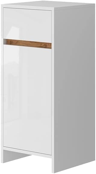 Mobiletto midi Detmold, Bianco lucido/oro power oak, 35 x 82 cm con anta e cassetto, adatto per montaggio a parete e combinabile con la serie Detmold