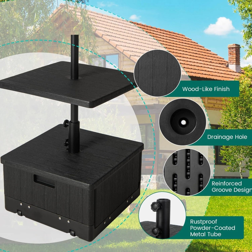 Piedino per ombrellone da riempire con 45 litri di acqua / 67 kg di sabbia base ombrellone con ruote e piano di posizionamento, supporto per ombrellone da 38/48 mm, 53 x 53 x 45 cm