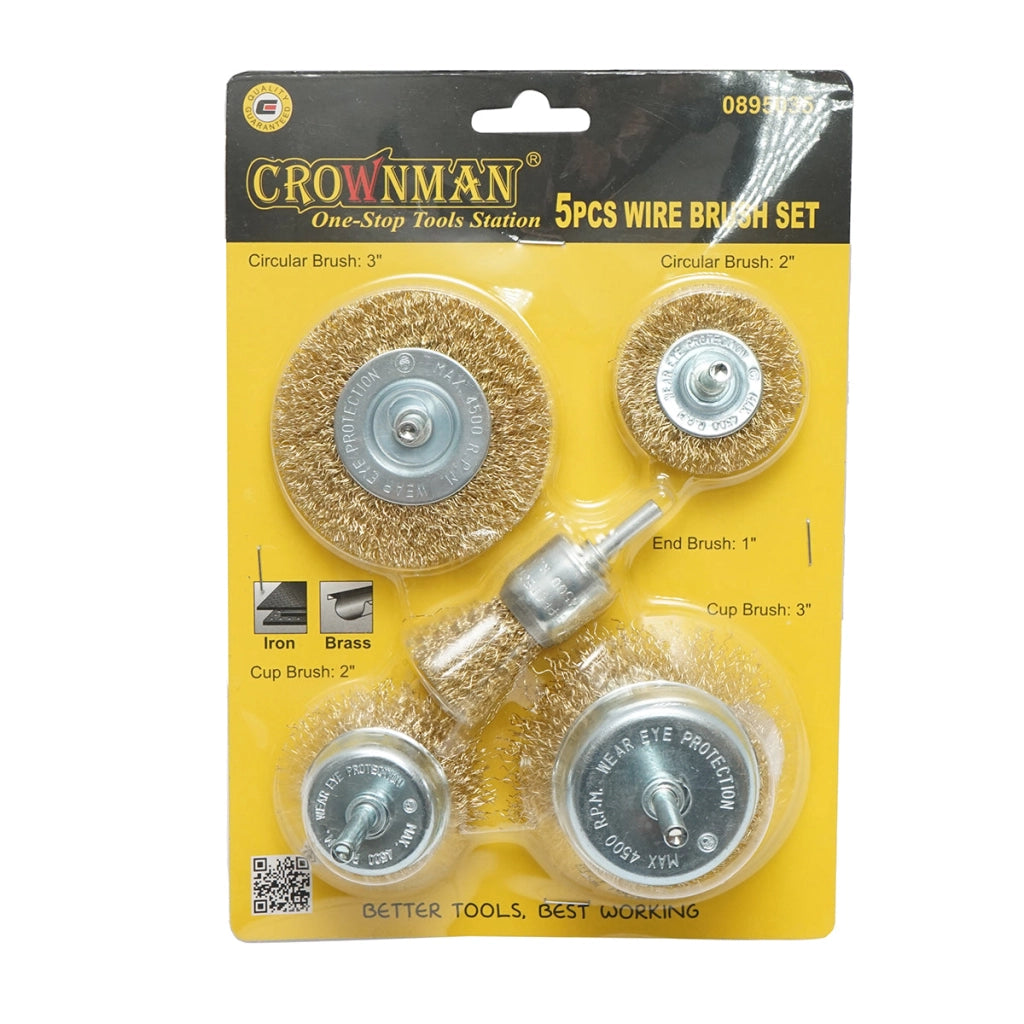 Set di 5 spazzole in filo metallico circolari 50-75 mm, a coppa 50-75 mm, a pennello 25 mm per trapano, Crownman.