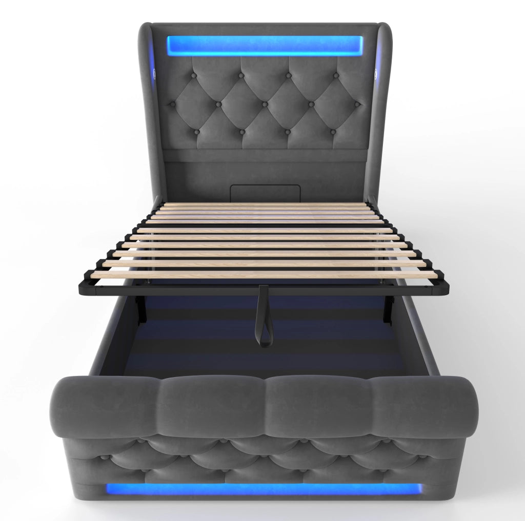 Letto imbottito con LED, ricarica USB e contenitore