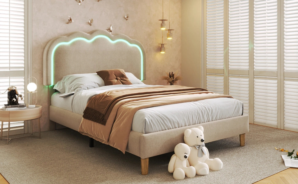 DESMIU Letto Singolo 1 Posto con LED Regolabile e Testiera Regolabile 90 × 200 cm, senza materasso, Beige