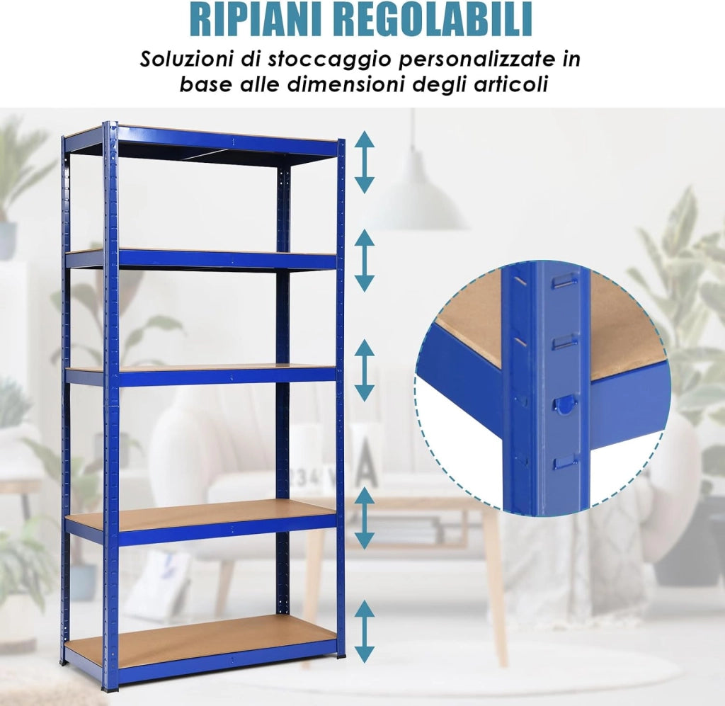 Scaffali per Carichi, Scaffalature a 5 Ripiani, in Metallo e MDF Scaffale, per Garage, Magazzino, Ripostiglio, Portante 875 kg, 90 x 40 x 180 cm (Blu)