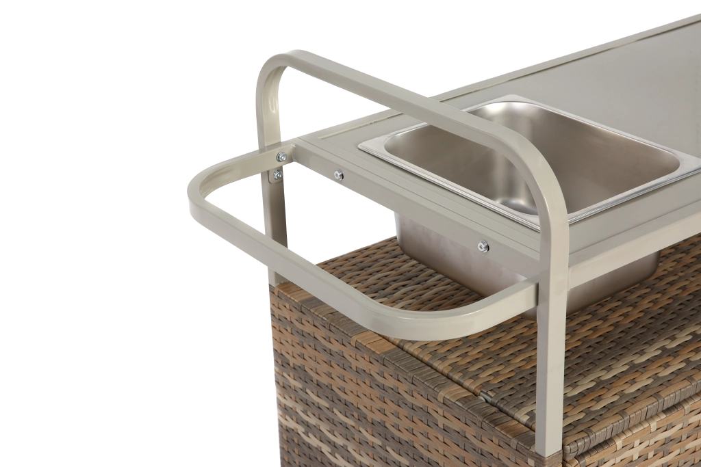 Tavolo da bar esterno; carrello da bar in vimini con armadio; carrello da cortile con piano in acciaio; con un secchio del ghiaccio; ruote chiudibili; cesto laterale per giardino; a bordo piscina e giardino; beige