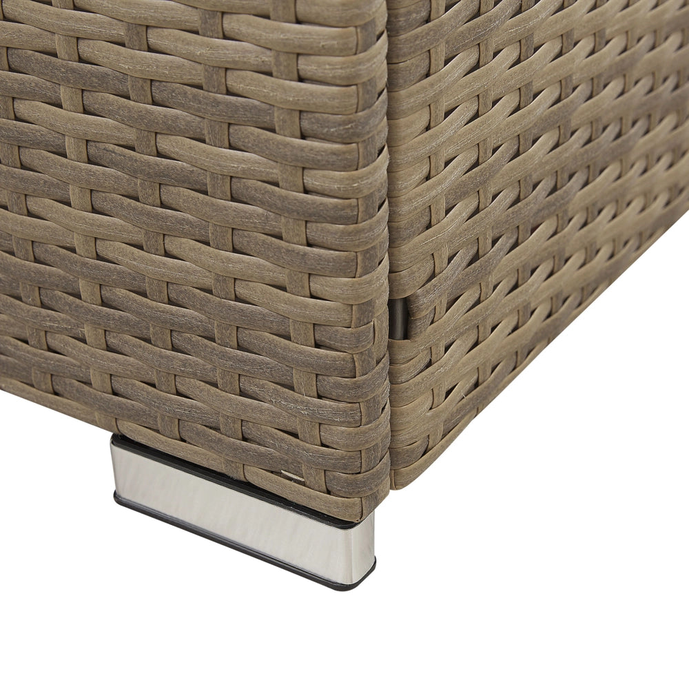 Set salotto da esterno marrone finto rattan bianco cuscini divano angolare modulare per 6 persone tavolino moderno set da giardino