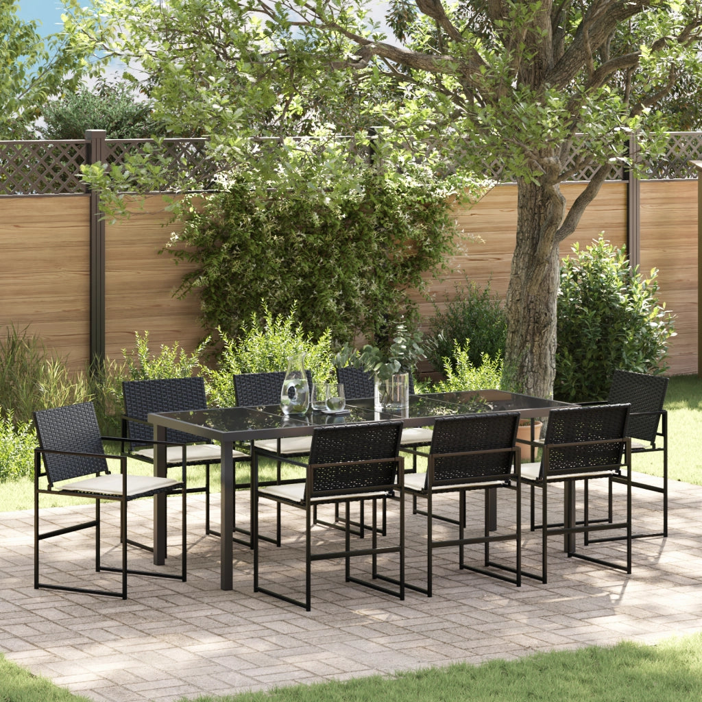 Set da Pranzo da Giardino 9 Pezzi con Cuscini Nero Rattan Polimerico