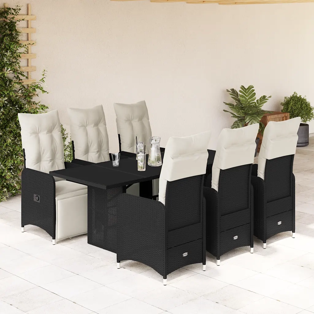 vidaXL Set da Bistrò da Giardino 7 pz con Cuscini Nero in Polyrattan