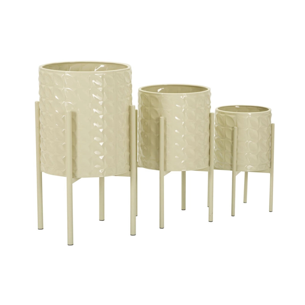 Set di 3 Vasi per Piante VKH427, Beige, Metallo, 36x36x56,5 cm