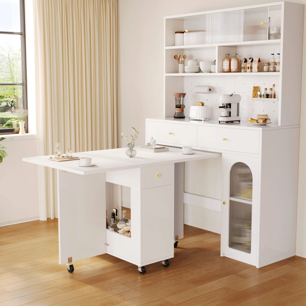 Tavolo da pranzo per 2-4 persone con 2 piani ribaltabili; 2 cassetti e ruote con freno; in MDF; 120 x 75 x 75 cm; Bianco