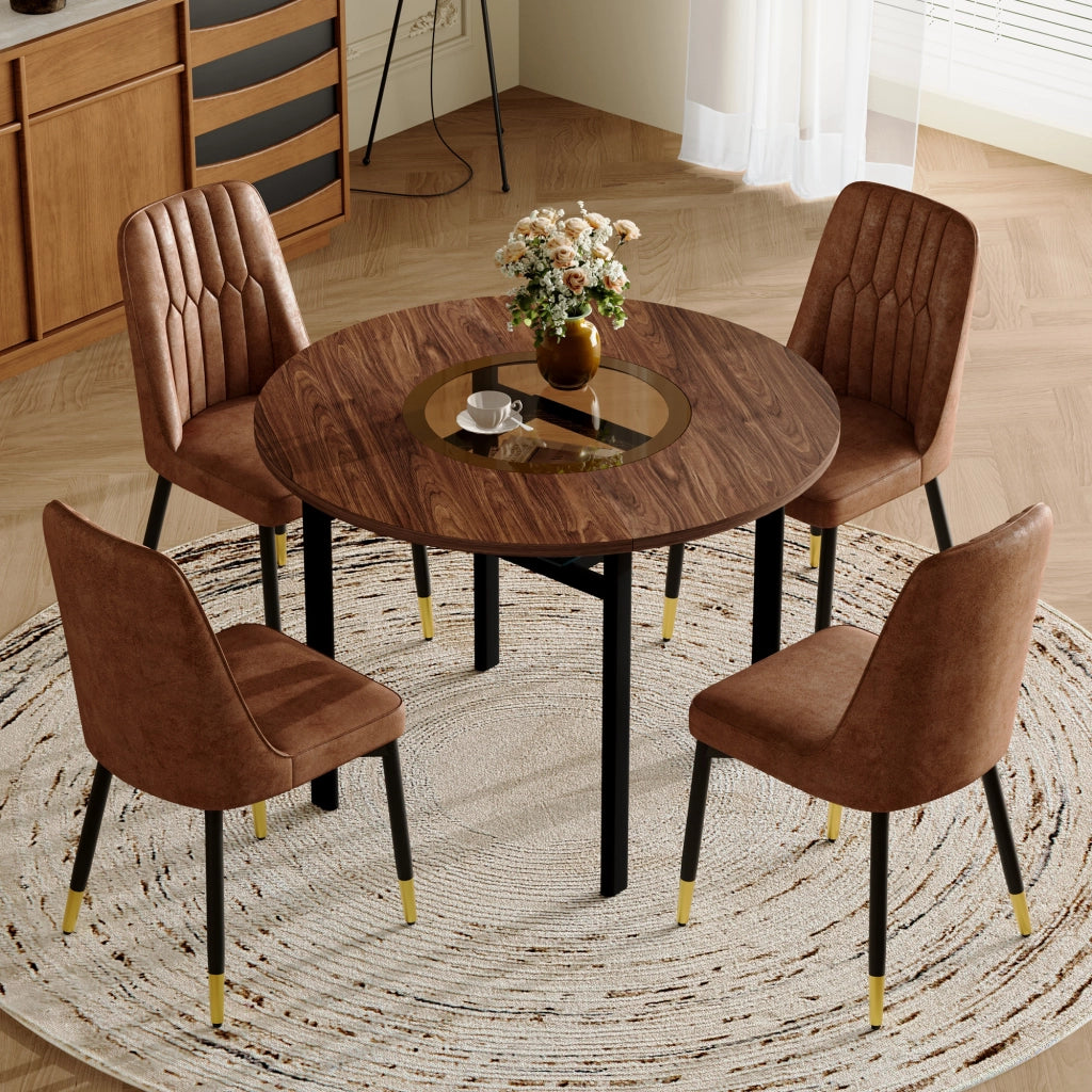 Tavolo da pranzo rotondo con 4 sedie, piano in MDF effetto legno, inserto in vetro e ripiano per cucina e soggiorno 100 cm