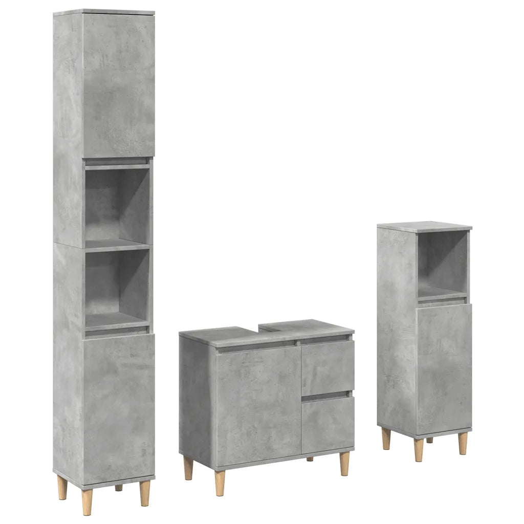 Set Mobili da Bagno | Armadio da bagno 3 pz Grigio Cemento in Legno Multistrato