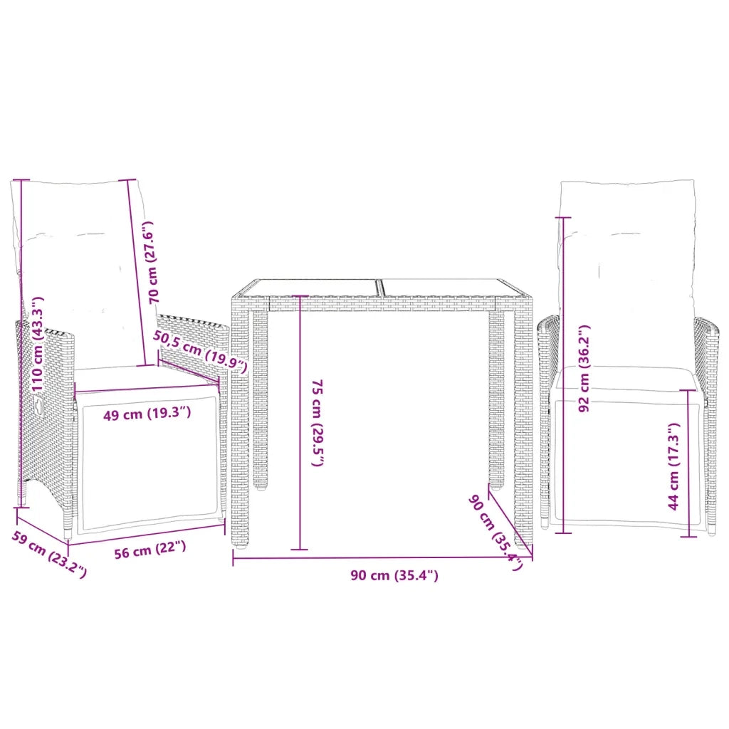 Set Bistrò da Giardino 3 pz con Cuscini in Polyrattan Grigio