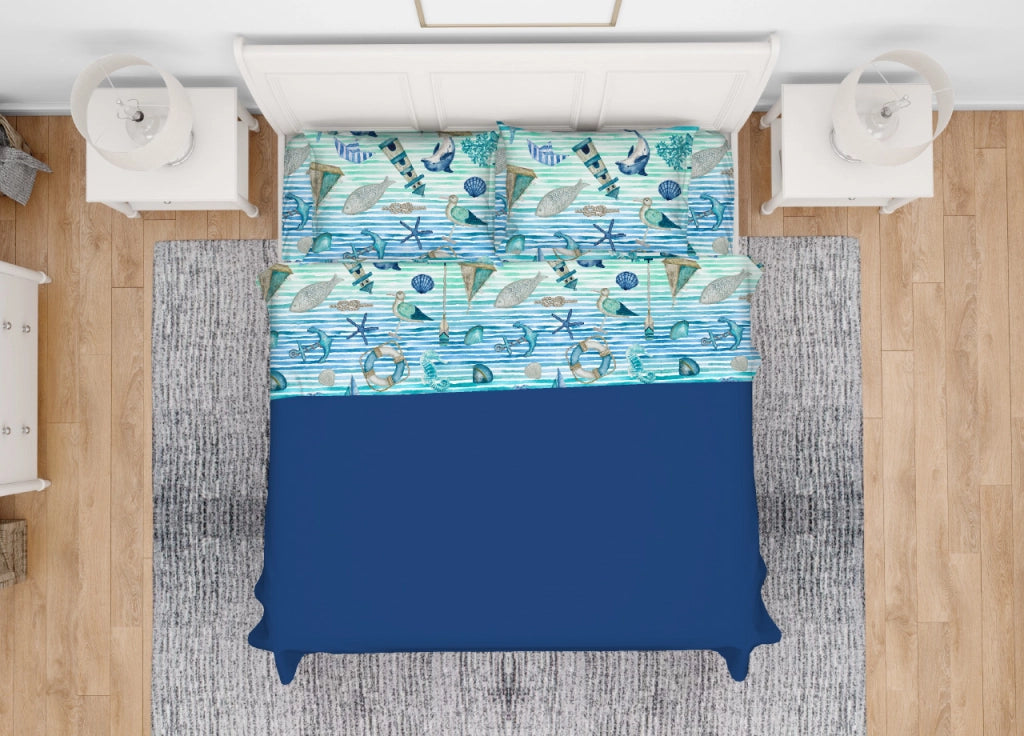 Completo Lenzuola Letto In 100% Cotone Made Italy Disegno Mare - Maxi - Azzurro