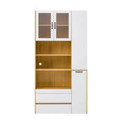 Credenza alta con ripiani regolabili e 2 cassetti per cucina in MDF bianco e naturale 100 x 40 x 200 cm