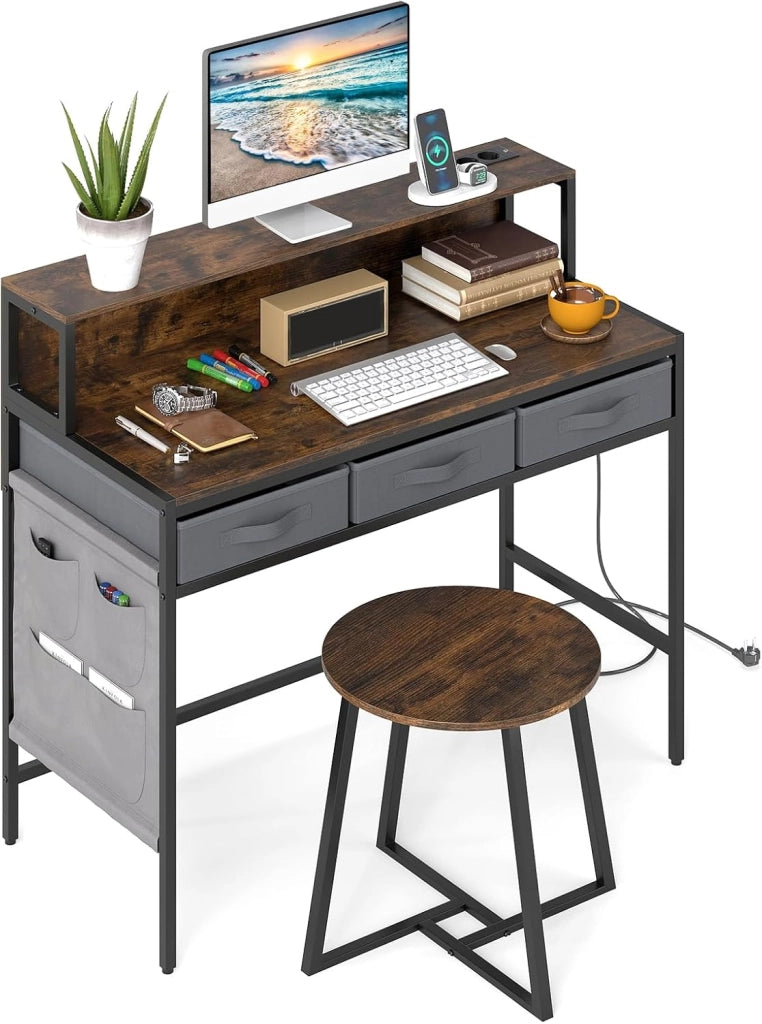 Scrivania per Computer con Supporto Monitor, Set Scrivania Salvaspazio con Sgabello, 3 Cassetti, Tasche Laterali, Stazione di Ricarica, Set Toeletta Trucco per Soggiorno Studio (Marrone)