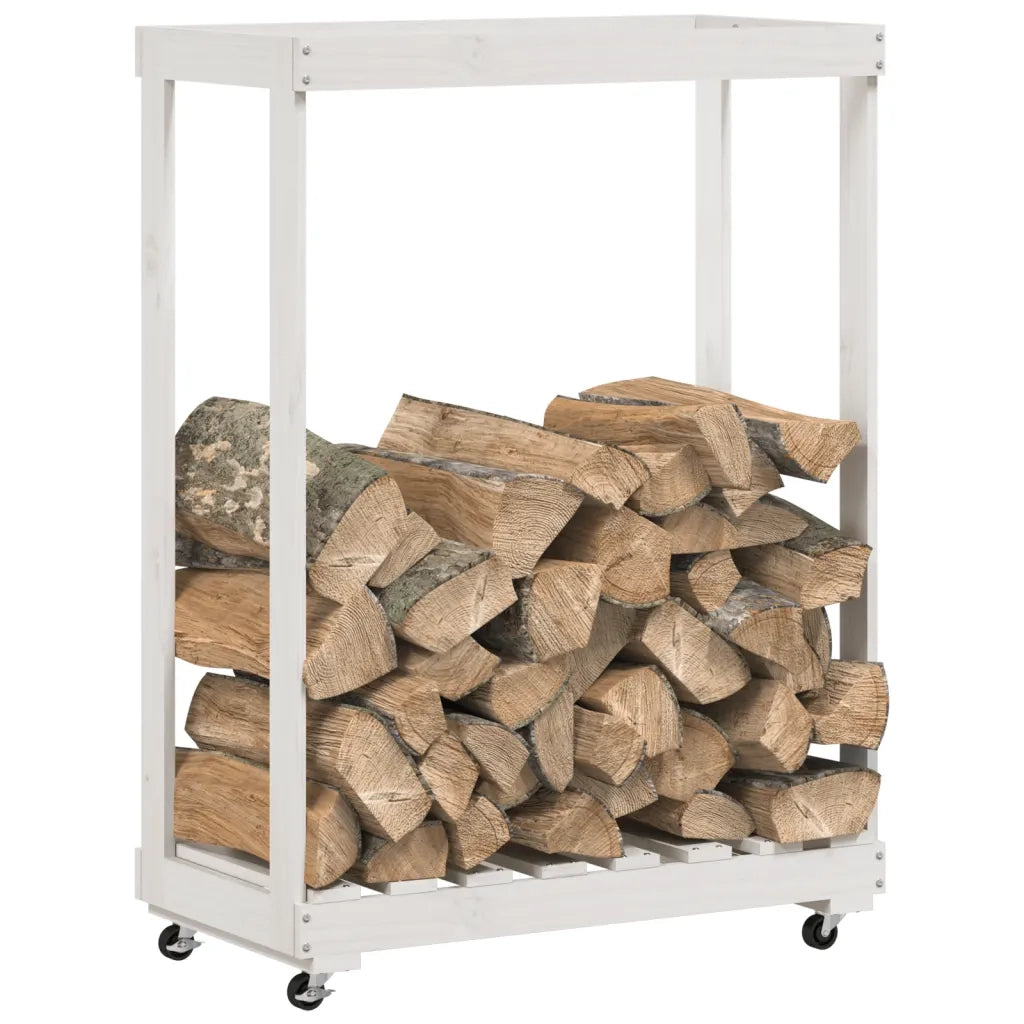 Portalegna con Ruote-Scaffale per Legna Bianco 76,5x40x108 cm Legno Massello Pino