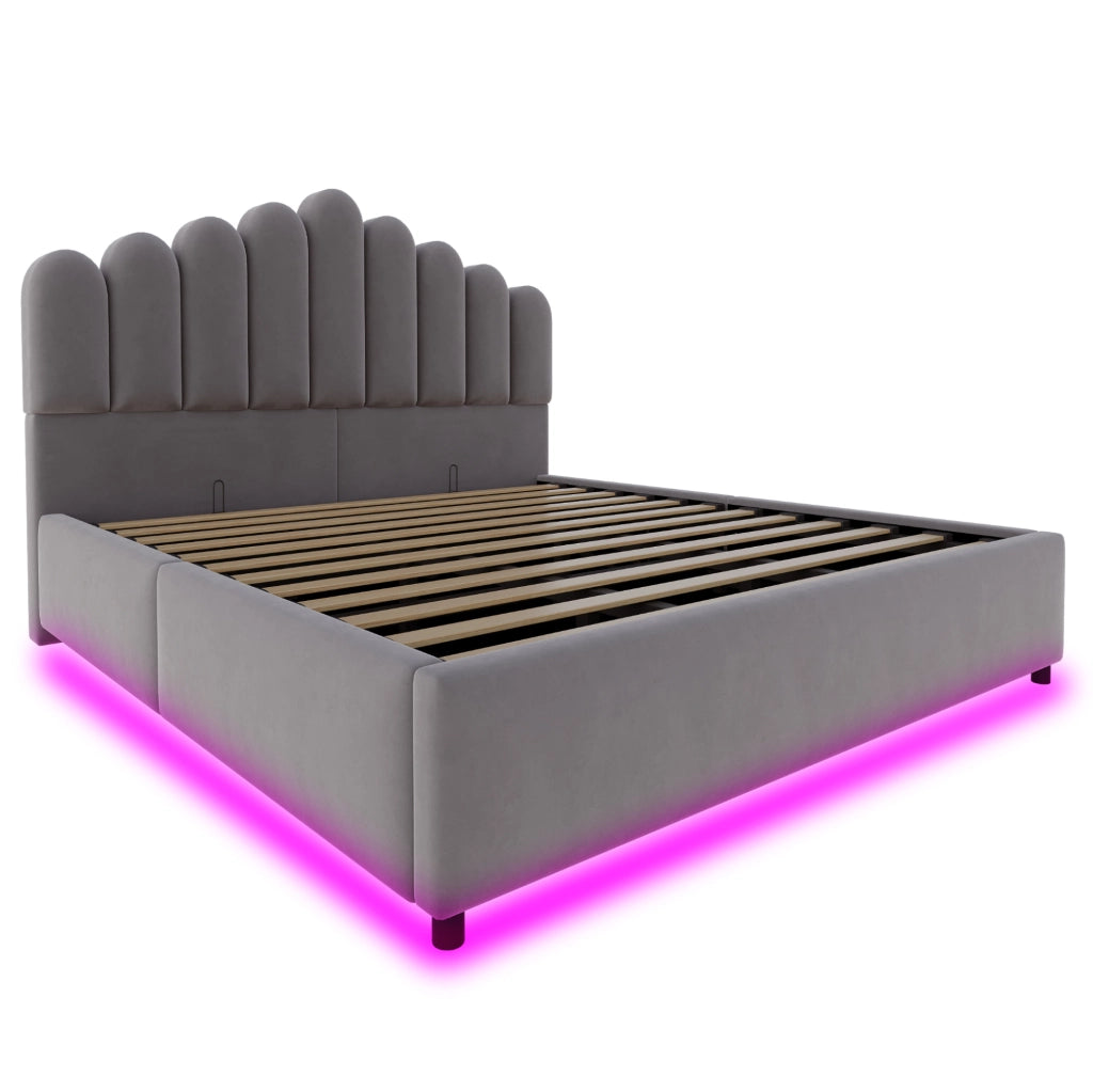 Letto imbottito 180x200 cm con contenitore idraulico e LED in velluto grigio