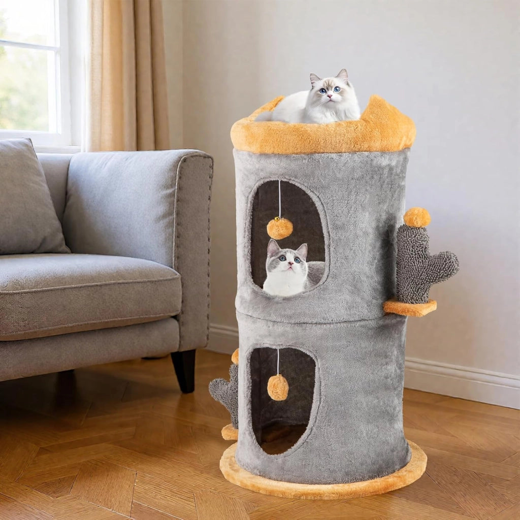 Cuccia per Gatti a 2 Piani, Albero per Gatti con 2 Comode Casette, 2 Palline Pendenti in Peluche, Piattaforma Imbottita in Peluche, Mobile Grotta per Gatti, Nascondiglio a Forma di Barile