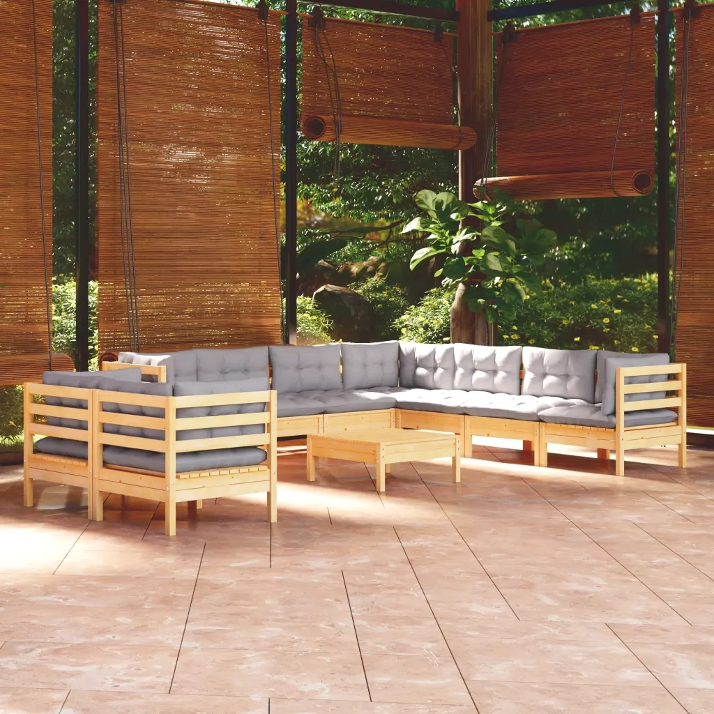 Set Divani da Giardino 10 pz con Cuscini Grigi Massello di Pino cod mxl 42555