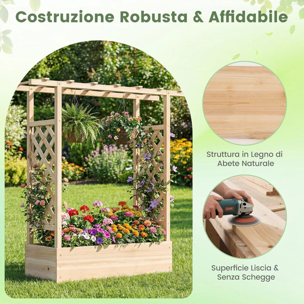 Fioriera Rialzata con Grigliato, Letto da Giardino Rialzato in Legno con Traliccio, Tetto e Fori di Drenaggio, Aiuola Elevata per Piante Rampicanti, Viti e Fiori (Naturale,110 x 35 x 114 cm)