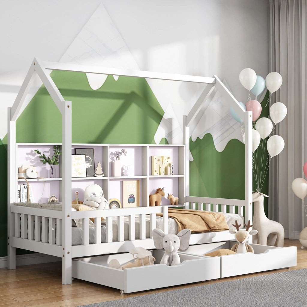 Letto a casa per bambini bianco con funzione di stoccaggio in legno massello di pino 90x200 cm