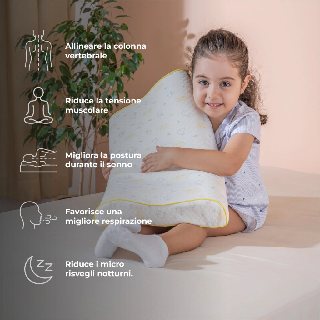 Cuscino Bambini Memory Foam Doppia Onda 47x32 cm (Altezza 6/8 cm) – Supporto Testa e Collo, Traspirante, Federa Sfoderabile Lavabile, Design Ergonomico per Sonno Confortevole