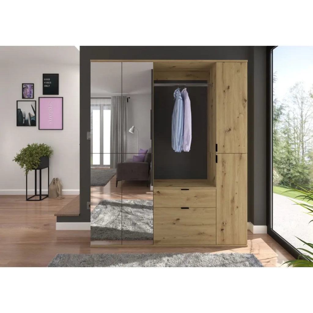 Armadio con 6 porte con specchi + appendiabiti e cassetti - Rovere chiaro - BODITE